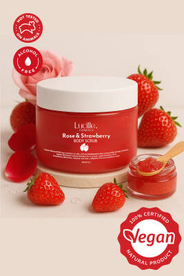 Lucille %100 Vegan Çilek Aromalı Şekerli Body Scrub – 250 gr – Canlandırıcı, Nemlendirici & Tatlı Kokulu Vücut Peeling - 1