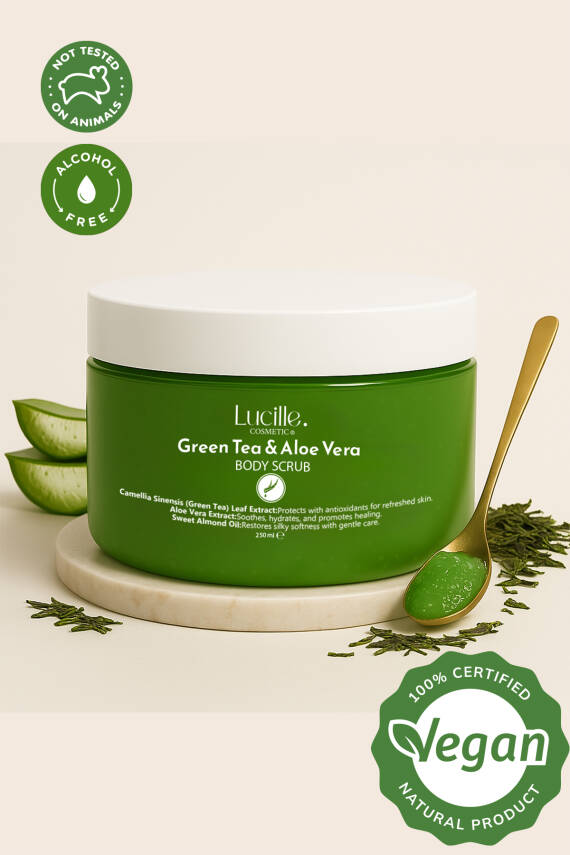 Lucille %100 Vegan Yeşil Çay & Aloe Vera Aromalı Şekerli Body Scrub – 250 gr – Doğal Arınma, Derinlemesine Nem & Taze Bir Cilt - 1
